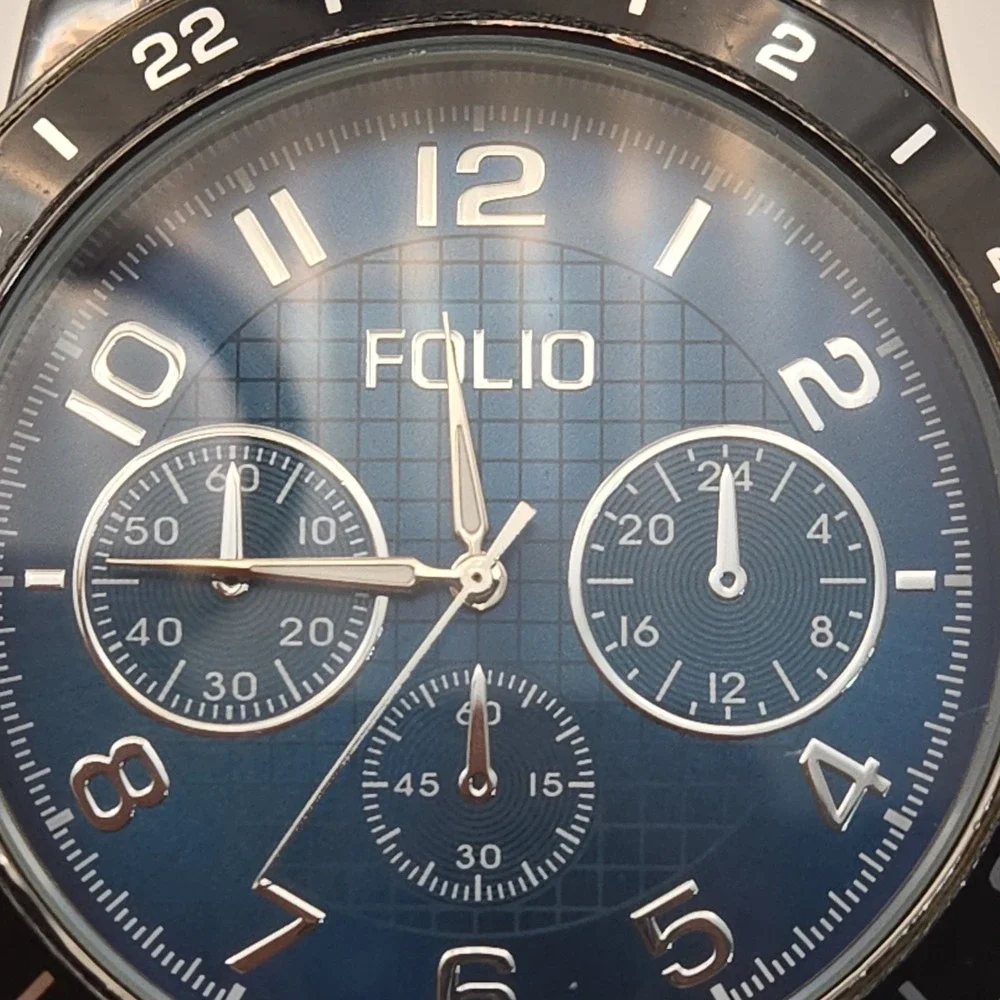 Folio FMDMSG906 Mens 55mm Chrono Blue Dial Watch. Black SS Band, New Batteries.